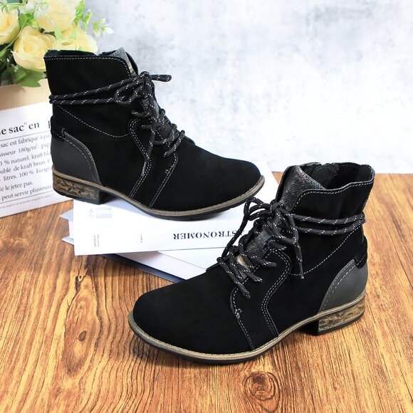 Women's Black Genuine Leather Suede Ankle Lace Bootie with Side Zipper - Picture 7 of 10